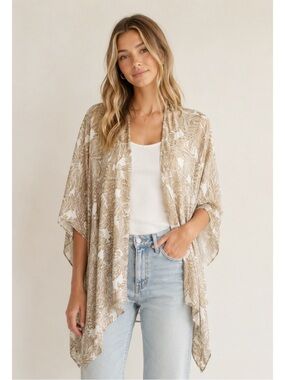 NWT Gentle Fawn Tan Botanical Tropical Light Open Kimono Cardigan ONE SIZE Boho